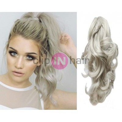 Clip in příčesek culík / cop 100% japonský kanekalon 60cm vlnitý - stříbrný